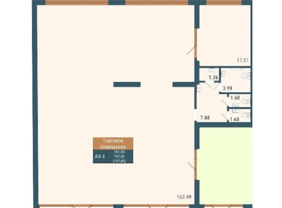 Планировка: Секция А-3 · помещение 1 · 197,43 м²